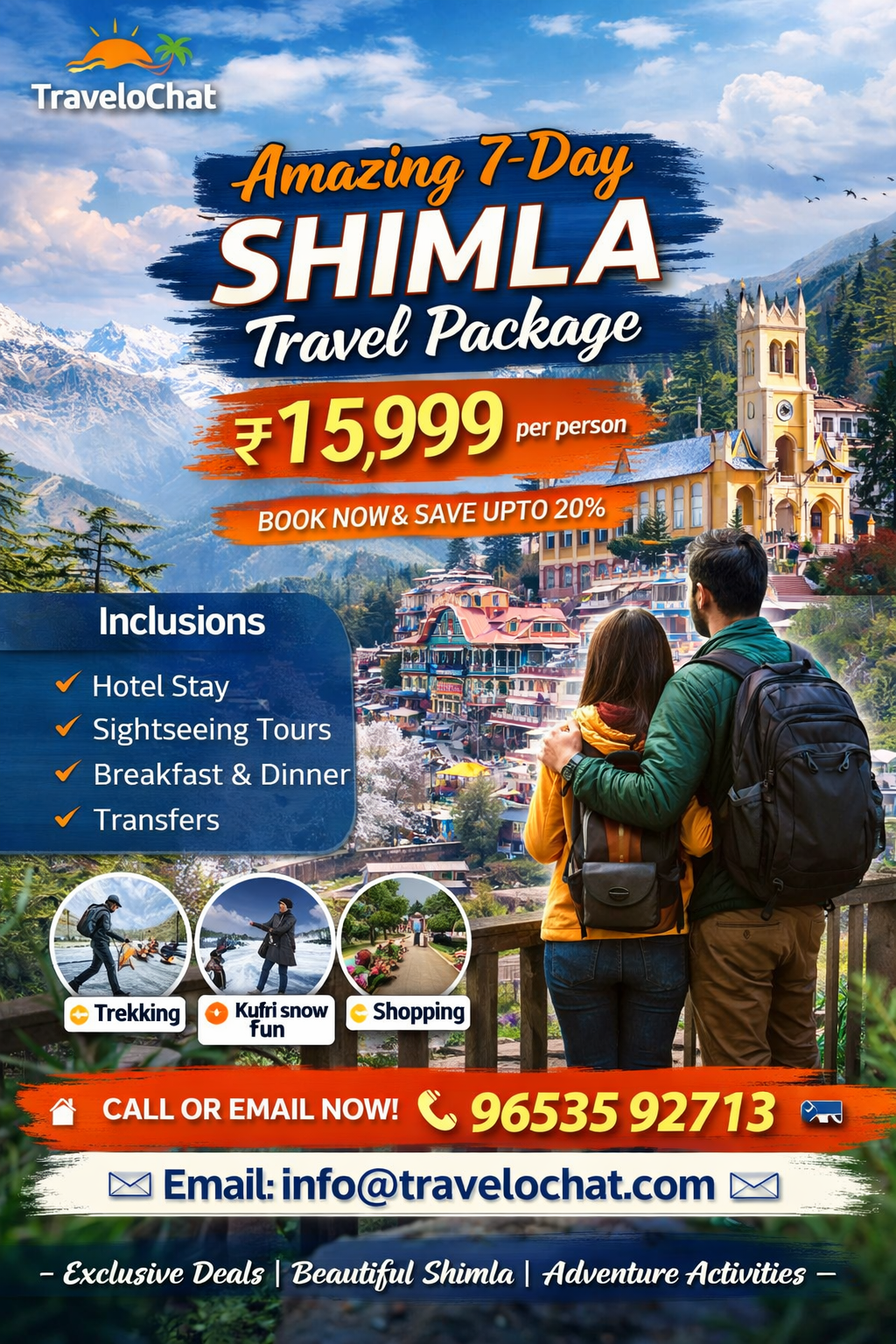 The Shimla travel package by TraveloChat is the perfect blend of relaxation, adventure, and scenic beauty. Whether you want snow, mountains, or peaceful vibes, Shimla has it all